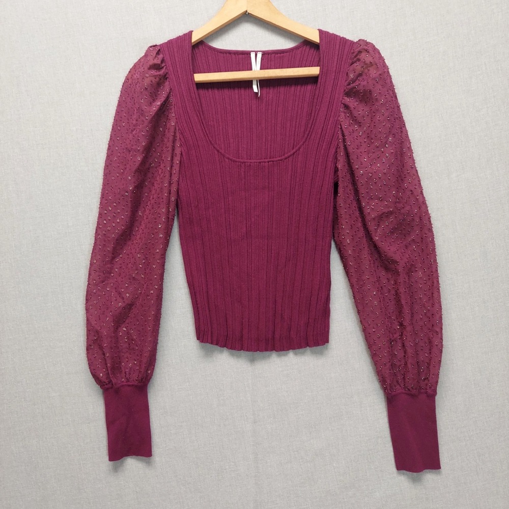 Anthropologie Burgandy‎ Rib Knit Top S Puff Sleeve Coquette Semi Sheer Romantic